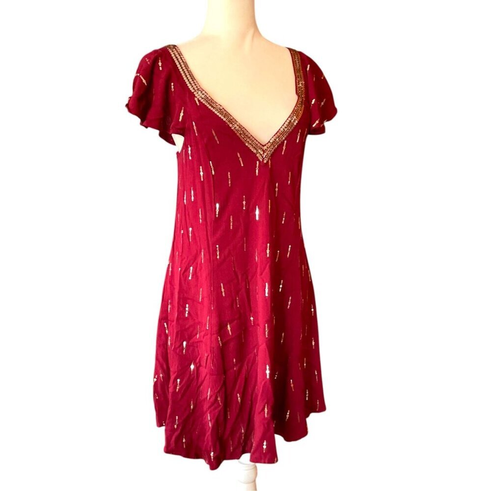 NWT Altar'd State Deenie Boho Burgundy Mini Dress SZ M Gold Sequin Whimsigoth